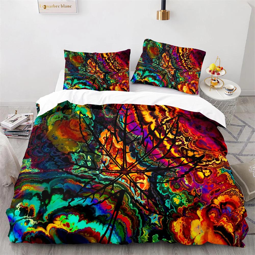 Weed Green Leaf Duvet Cover Watercolor Purple Blue Polyester King Queen Maple Leaf Duvet Cover For Women Men Bedroom Decoration