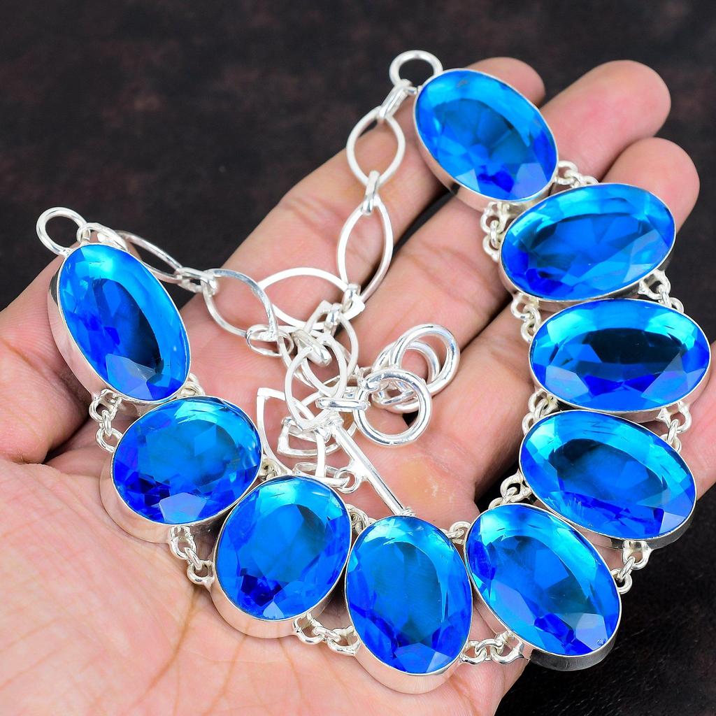 Ограненное ожерелье из лондонского голубого топаза, ожерелье из драгоценных камней, ожерелье из стерлингового серебра 925 пробы, регулируемая цепочка, ювелирные изделия ручной работы, подарки для жены