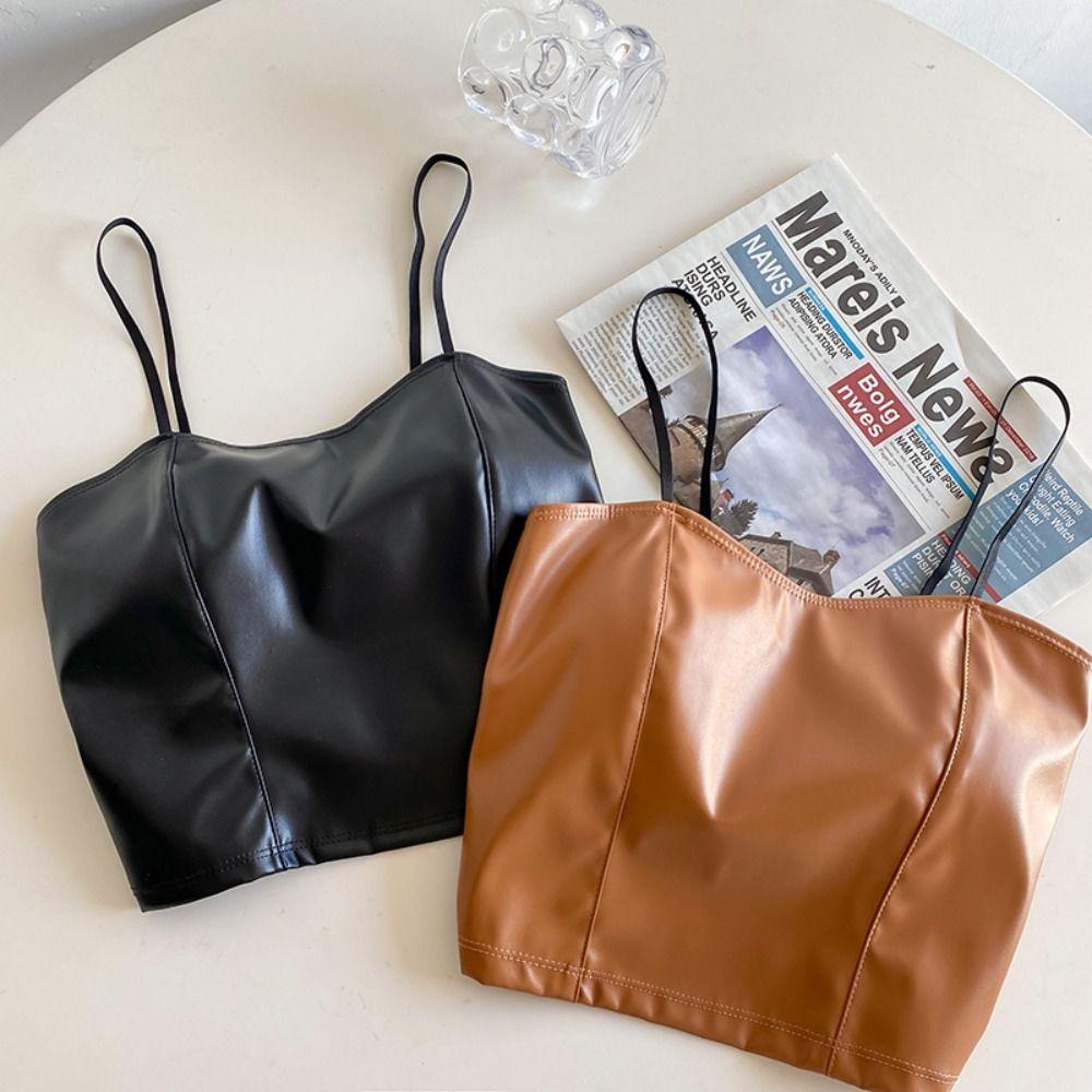 Женский топ-бюстгальтер из ПУ Camisoles Bralette Тонкая бретелька Бюстгальтер Соблазнительный и невинный Топ-майка Девочки