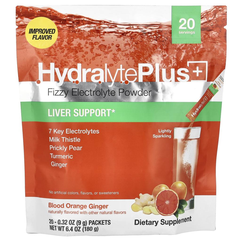 Hydralyte, Hydralyte Plus+, Газированный электролитный порошок, Кровавый апельсин имбирь, 20 пакетиков, 0,32 унции (9 г) Каждый