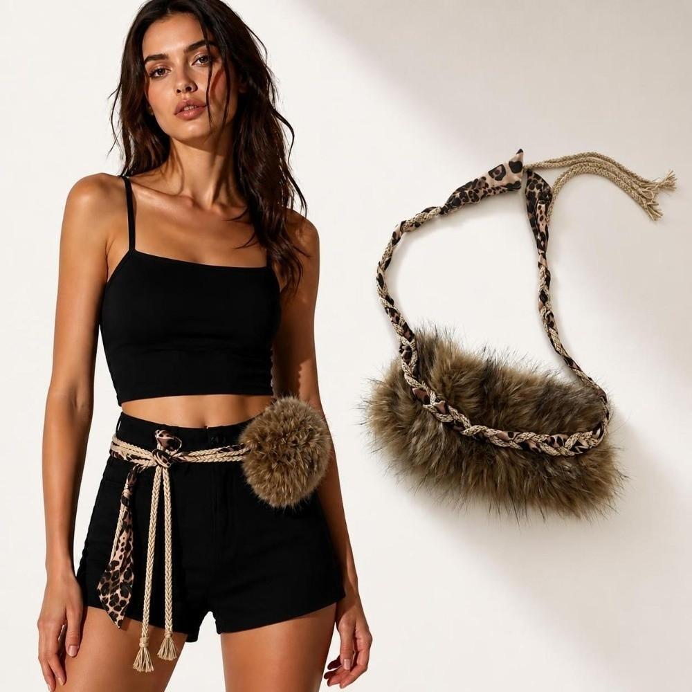 Fabric Decor Faux Fur Rope Belt Faux Fur Tassel Waist Belt Leopard Print Waist Belt For Women