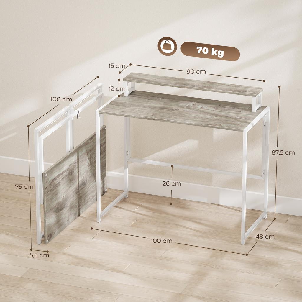 Foldable Computer Desk With Screen Stand For Bedroom Small Spaces 100 X 48 X 87.5 Cm Natural Wood