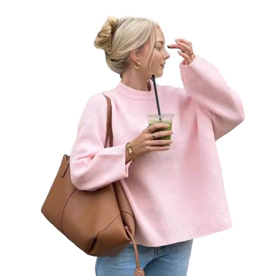 Женский свитер с круглым вырезом, длинным рукавом, однотонный, свободный крой, трикотажные топы с ребристой отделкой, повседневные пуловеры