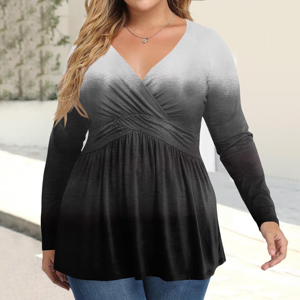 Женская рубашка большого размера с длинным рукавом, принт, плиссированный повседневный топ с V-образным вырезом