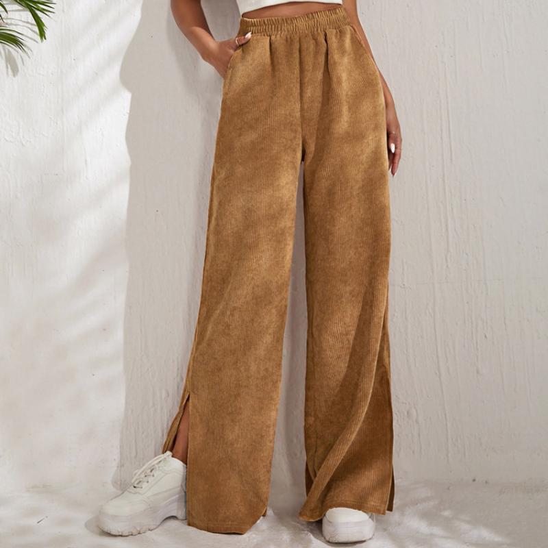 Модные осенние свободные брюки с разрезами, женские однотонные брюки с карманами и высокой талией, повседневные прямые брюки с широкими штанинами