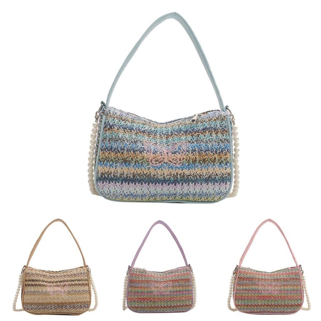 Stylish National Style Woven Bag With Pearl Chain Strap Small Shoulder Bag For Casual Outfits