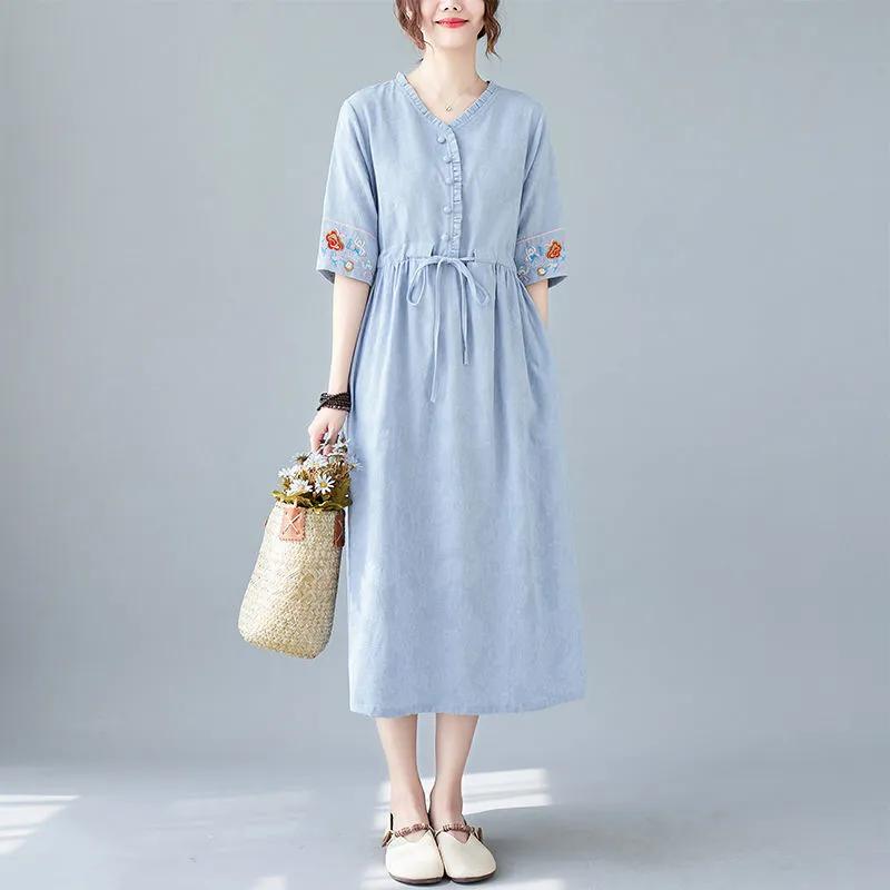 Summer Ethnic Style Cotton and Linen Dress Women's Waist Embroidered Mother Skirt Loose Temperament Linen Skirt