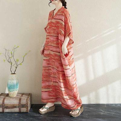 Летнее цветное дорожное платье с V-образным вырезом в стиле ретро, длинная юбка, хлопок-лен