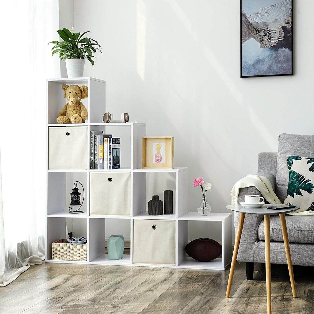 VASAGLE Bookcase, Stair Organiser, 10 Open Cubes, Wooden Display Shelf, Free Standing Shelf, 129.5 x 29 x 129.5 cm, Room Divider, White