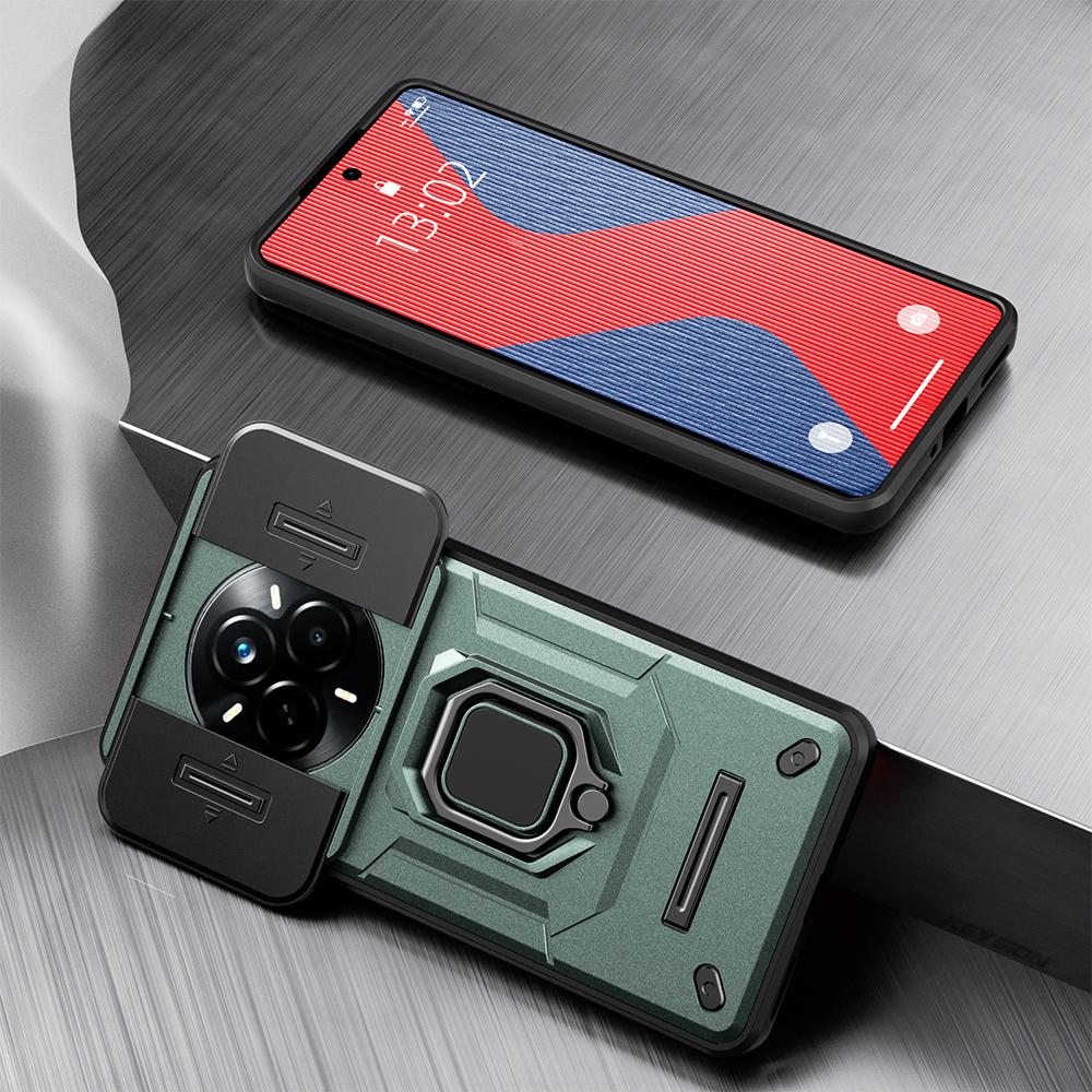 KEYSION Противоударный чехол для Realme 14 Pro+5G Slide Camera Protection Metal Ring Stand Phone Back Cover для OPPO Realme 14 Pro 5G