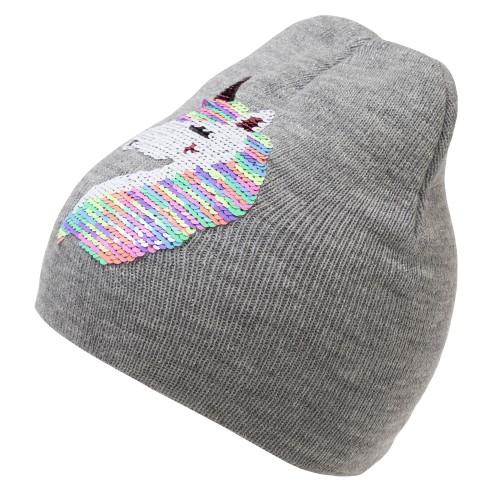 Childrens Girls Reversible Unicorn Sequins Beanie Hat
