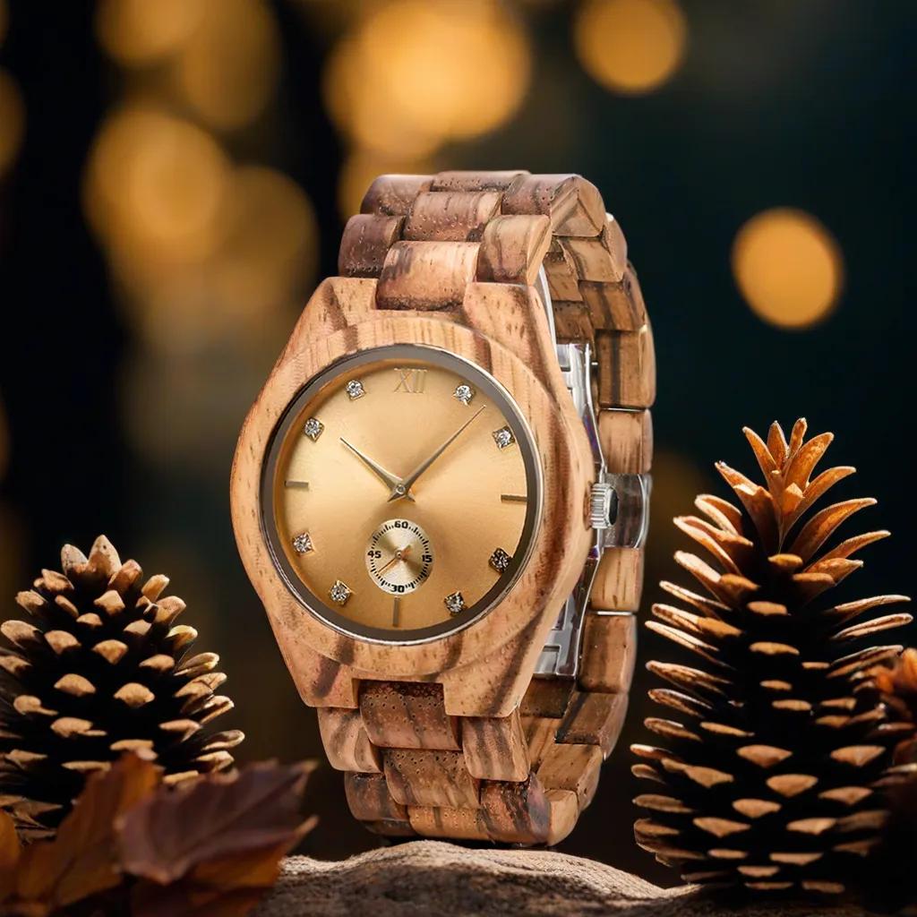 Wood Wrist Watch For Women Simulated Diamond Dial Wooden Clock Wife Girlfriend Fashion Anniversary Giftsfor Ladies