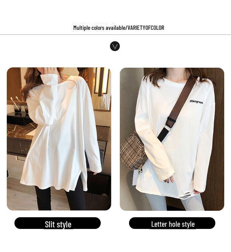 Женская футболка из чистого хлопка с круглым вырезом и длинными рукавами: Свободный многослойный топ на осень/зиму