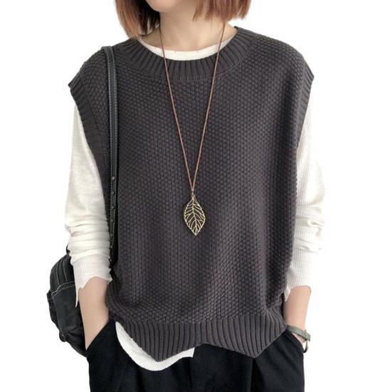 Женский вязаный жилет с круглым вырезом и подолом, теплый однотонный волнистый мягкий свободный повседневный женский жилет без рукавов