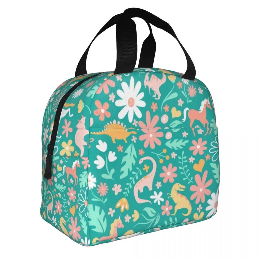Мультяшный принт динозавра Термоизолированная сумка для ланча Женская портативная сумка-тоут для ланча для кемпинга на открытом воздухе Путешествий Многофункциональный контейнер для еды