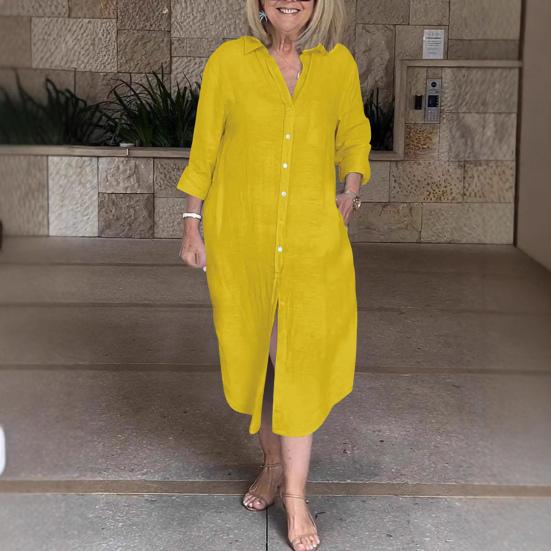 Women's Long Sleeve Button Down Shirt Dress Loose Cotton Linen V Neck Long Dress with Pockets Summer Casual Outfit