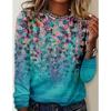 Women Long Sleeved Round Neck Pullover T-shirt Top with Elegant and Fashionable Floral Print Casual Style T-shirt for Women