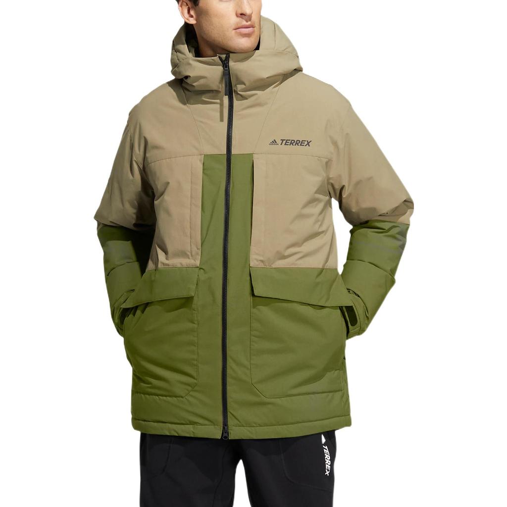 Adidas Colorblock Letter Print Hooded Zip Down Jacket Unisex Outerwear Deep-Olive-Green HN2010