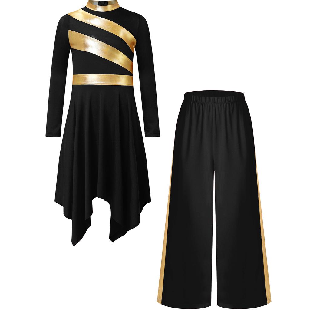 Комплект платья для танца хвалы и поклонения для девочек, с воротником-стойкой, длинными рукавами, асимметричным подолом, металлизированной лоскутной вставкой, контрастного цвета, с брюками широкого кроя