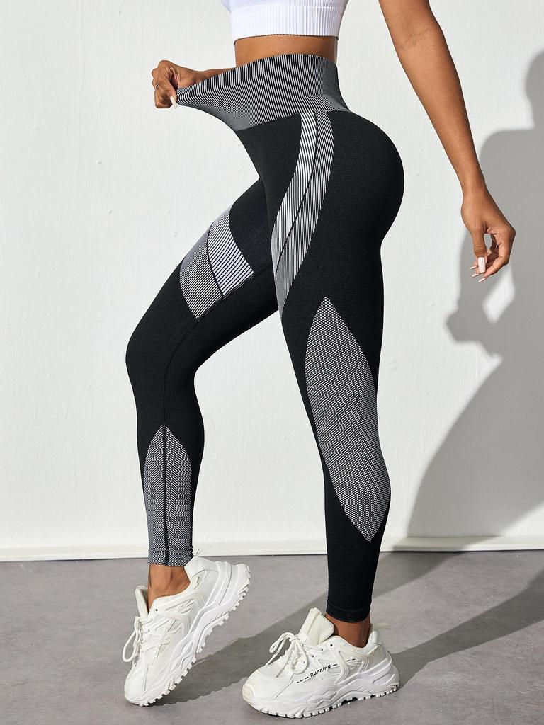 Seamless High-Waist Colorblock Yoga Pants: Women's Breathable, Butt-Lifting, Black Striped Sportswear