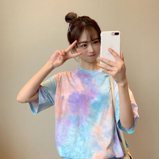 Женская милая футболка Tie Dye O шеи с коротким рукавом, базовая рубашка, свободный топ