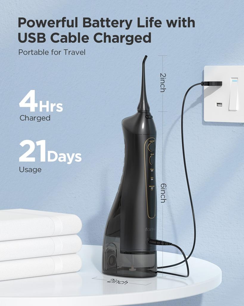 Ирригатор Fairywill Water Flossers Перезаряжаемый Портативный Стоматологический 3 Режима Резервуар для Воды для Зубов 300МЛ Водонепроницаемый Очиститель Зубов