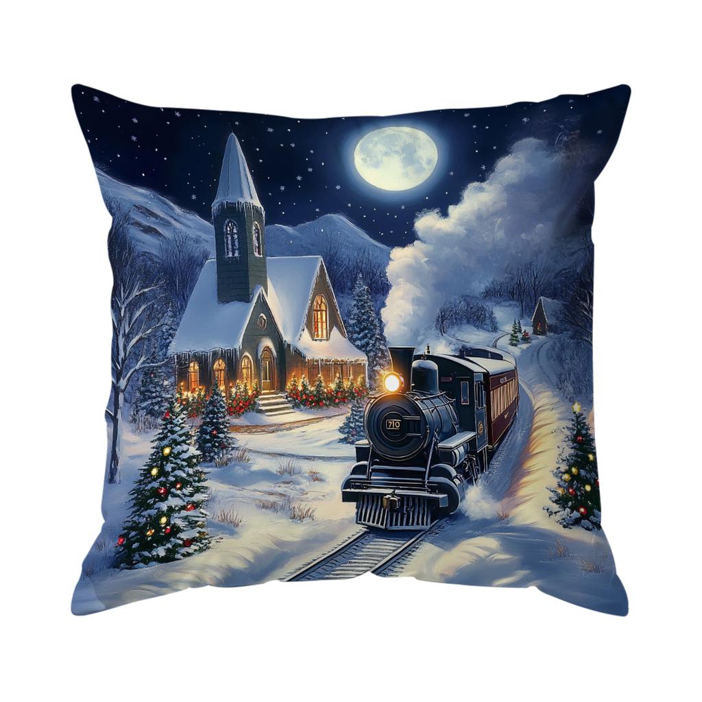 Christmas Village Train Pillowcase Printed Polyester 40/45/50Cm Throw Pillowcover Decorative Sofa Cushion Pillowslip Home Decor
