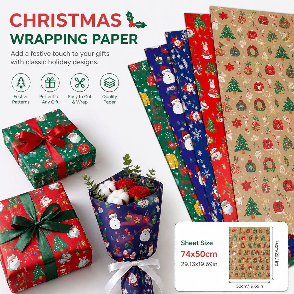 5PCS Festive Printed Christmas Wrapping Paper Gift Wrap Sheet Holiday Craft Supplies