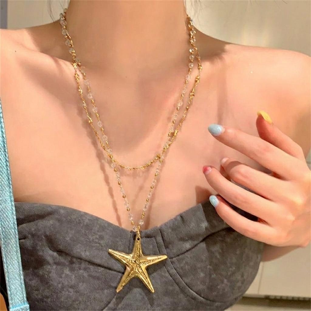 Personality Metal Big Starfish Pendant Necklace for Women Double-layered Star Beaded Chain Necklace Summer Ocean Y2K Jewelry