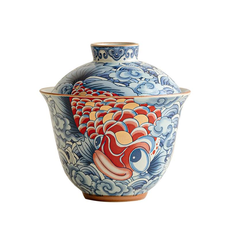 Чайный набор Гайвань Керамический Рыба Дракон Китайский стиль Двухслойные крышки Заварочная чаша для дома Церемония чаепития Кунг-фу Высокая эстетика Подарок