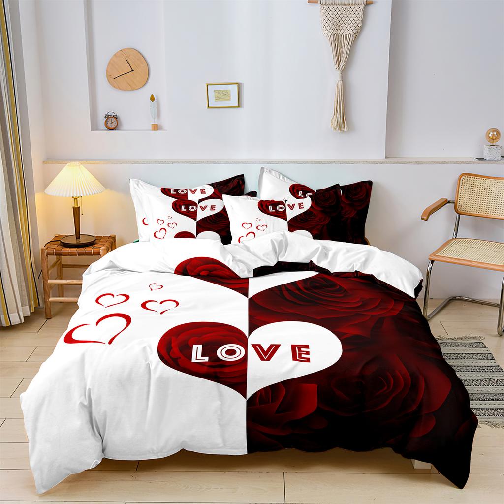 3Pcs Set Red Black Me And You Rose Letters Heart Pattern Printed Quilt Duvet Cover Bedding Set For All Season Bedroom Hotels