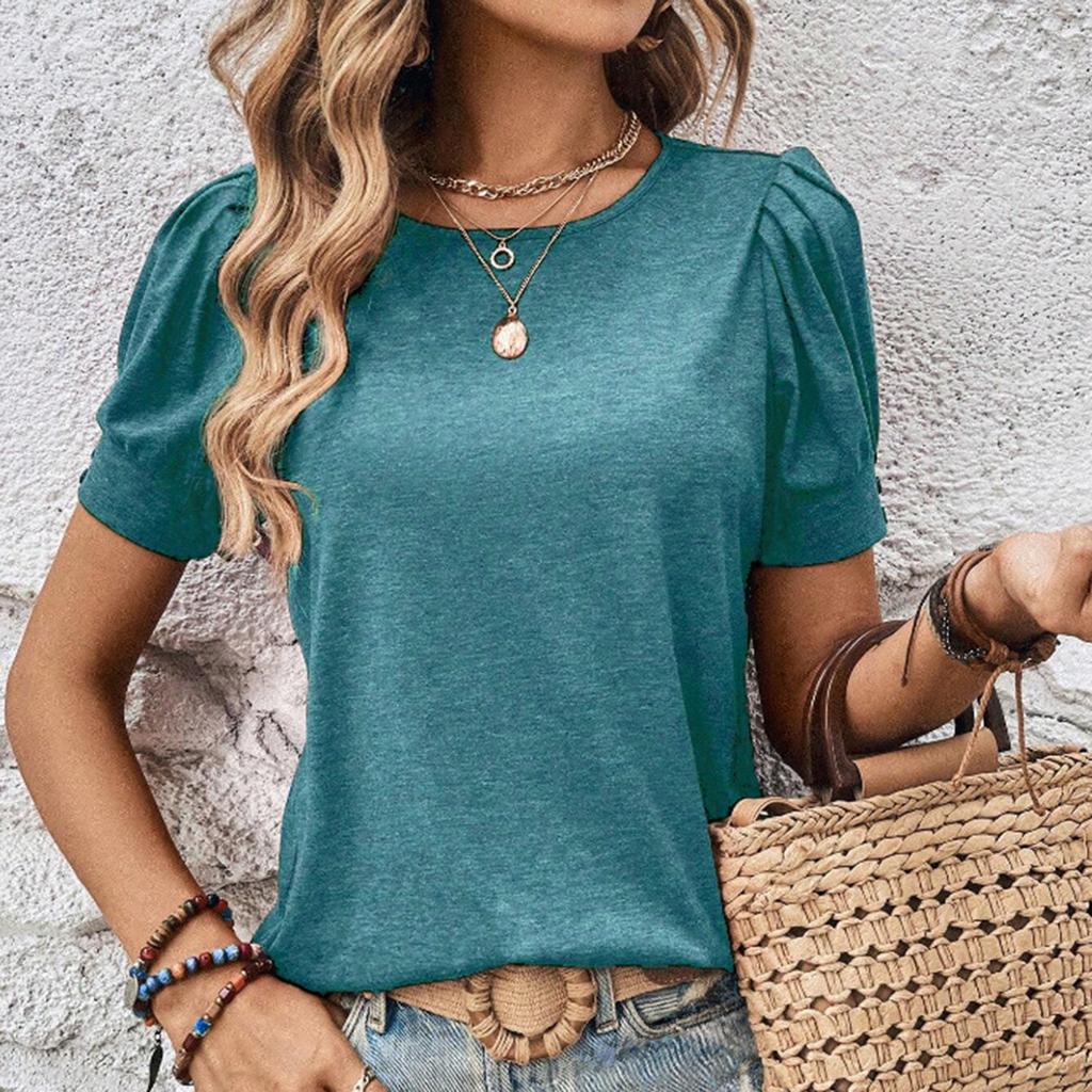 Женская модная повседневная плиссированная футболка с коротким рукавом и круглым вырезом