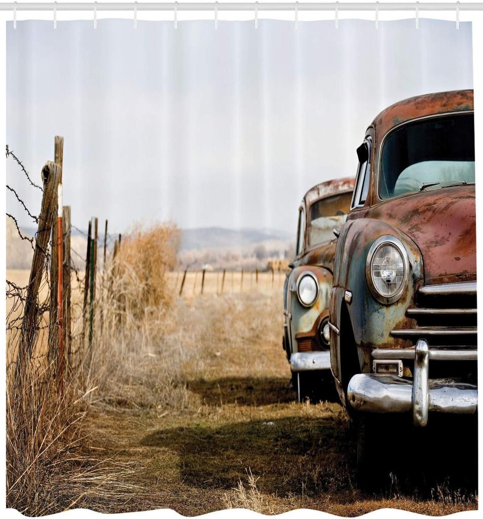 Vintage Car Shower Curtain Rusty Classic Abandoned Trucks Wyoming Countryside Antique Americana Decor with Hooks