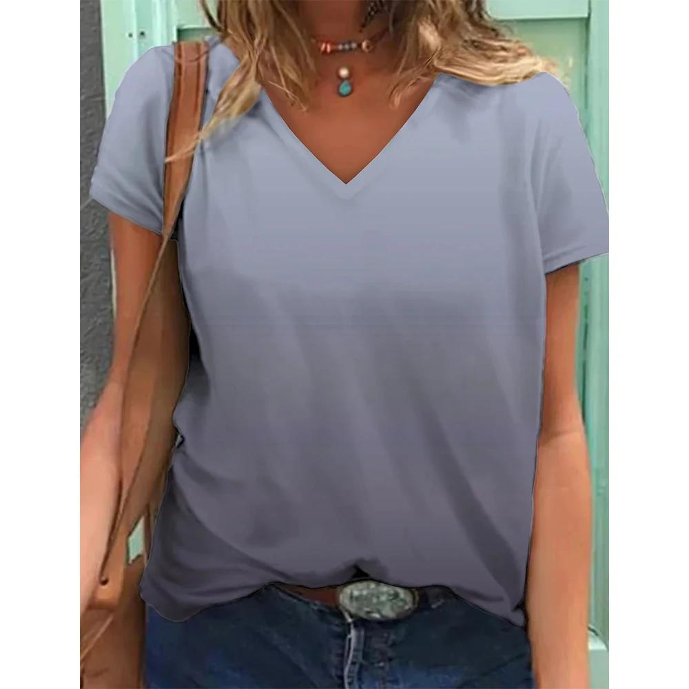 Простые градиентные 3D-принты, повседневные базовые женские топы с V-образным вырезом и короткими рукавами, летние женские топы больших размеров для дома, удобные футболки