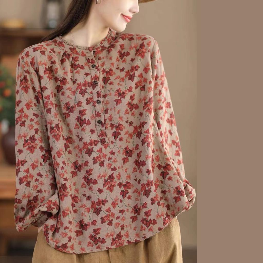 Весенне-осенняя двухслойная хлопковая крашеная пряжа с принтом, женская толстовка с воротником-грибком и цветочным принтом, литературная рубашка с длинными рукавами