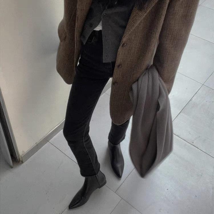 Винтажные кожаные нишевые французские остроносые ботинки челси женские осенне-зимние короткие ботинки на плоской подошве маленькие ботильоны ботинки Мартина тонкие ботинки