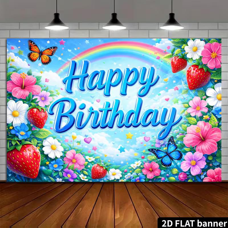 2D Strawberry & Floral Birthday Backdrop Bright Blue Sky Rainbow Party Background