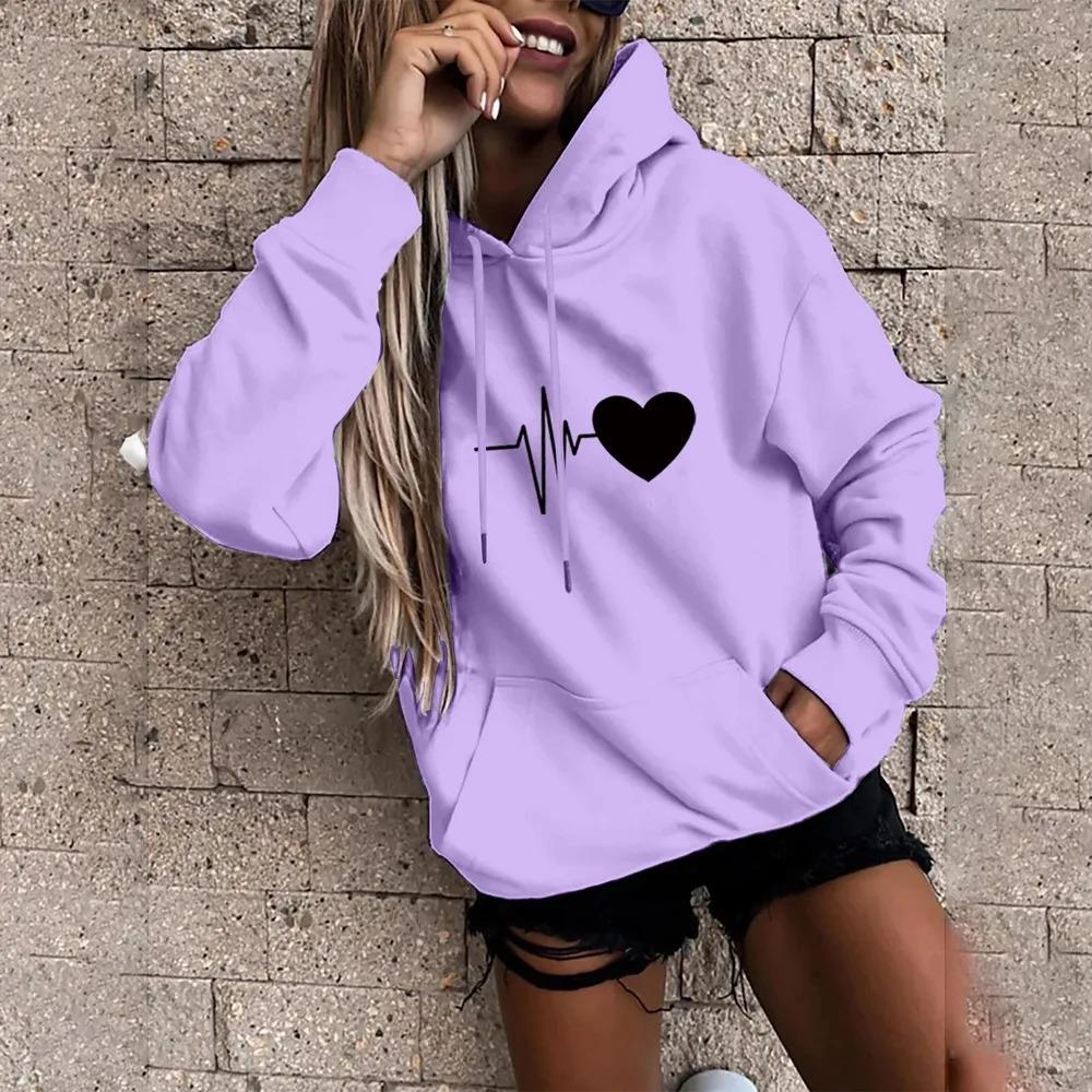 Autumn Winter Fashion Comfortable Warm Long Sleeved Love Printed Pullover Hoodie Casual Sports Loose Fitting Women's Hoodies