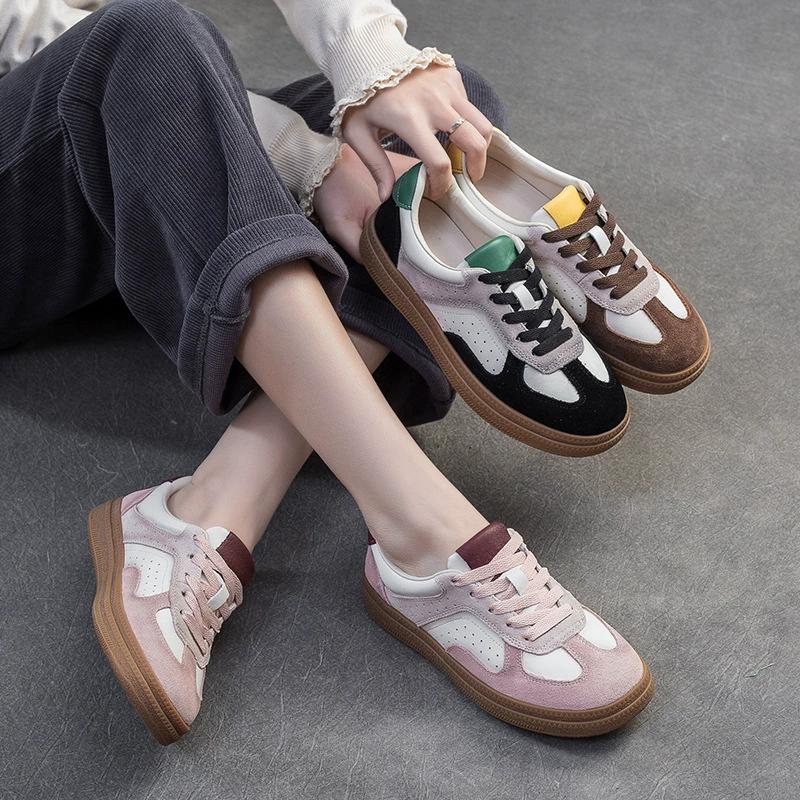 Fashion GKTINOO Spring Autumn Suede Sneakers Women Genuine Leather Patchwork Flats Lace-up Round Toe Ladies Training Shoes Handmade