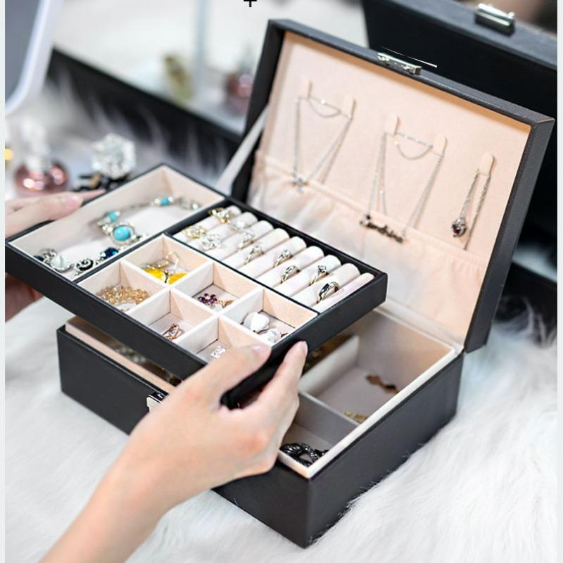 Double Jewelry Box Large Capacity Leather Jewelry Storage Box with Lock Earrings Jewelry Ring Necklace Bracelet Storage Box