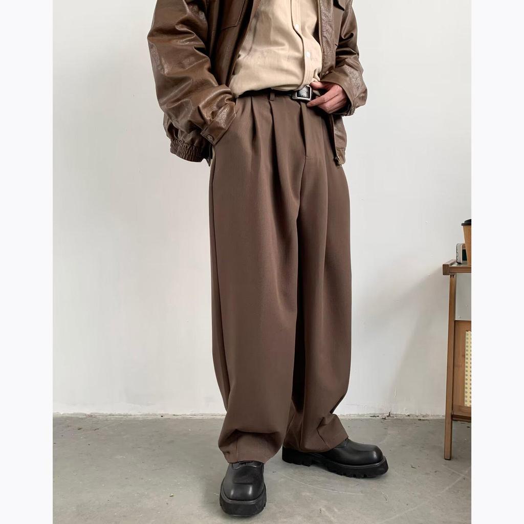 Men's Retro Brown Wide-Leg Sweatpants - Loose Straight Drape for Spring & Autumn