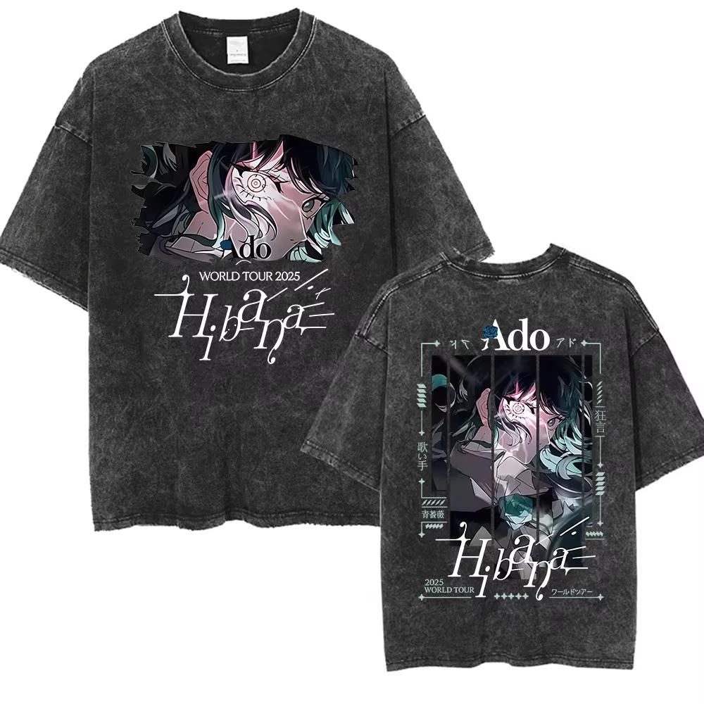 ADO Hibana World Tour Vintage Washed T Shirts Japanese Singer Fashion Oversized Tshirts Casual Aesthetic Short Sleeve Tees