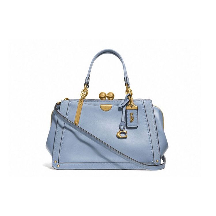 Coach Kisslock 21 Solid Color Leather Kiss Lock Shoulder Crossbody Handbag Small Women Handbags Fog-Blue Morandi 73935-B4M4