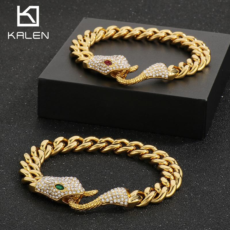 KALEN Hip Hop Stainless Steel Snake Bracelet for Men Rhinestone Gold Color Cuban Chain Accessories Party Jewelry Birthday Gift