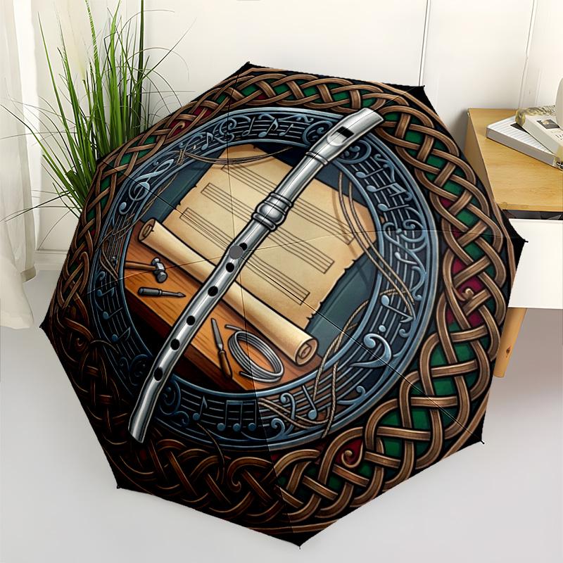 Celtic Music Craft pattern umbrella, portable and foldable design, 8 ribs, a casual accessory for Halloween, Christmas, and birthday gifts.