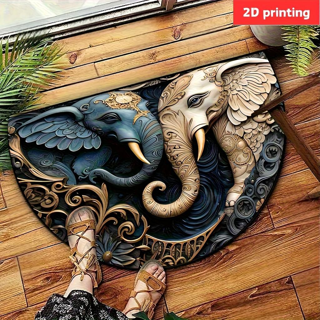 Elephant-Themed Semi-Circle Welcome Mat - Non-Slip Polyester Door Mat with Artistic Elephant Design - Decorative Home Accessory