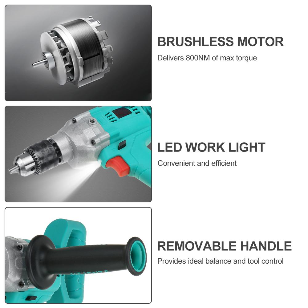 Бесщеточная электрическая дрель 88 В, 800 Вт, 13 мм, аккумуляторная электрическая отвертка, 1/2 дюйма, патрон с автоматической блокировкой, ледобур, электроинструмент с литий-ионной батареей