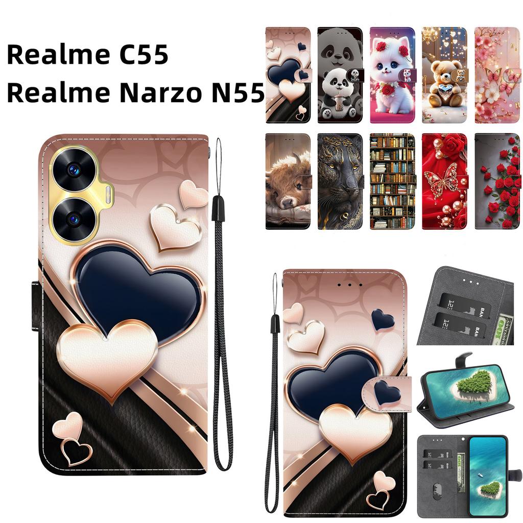 Чехол-книжка из искусственной кожи ручной работы для Realme C55 / Realme Narzo N55, противоскользящий, противоударный чехол с ремешком на запястье и рисунками кошек с сердечками/розами