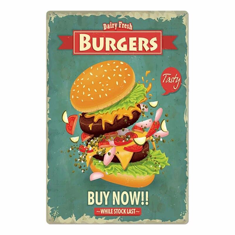 Hamburger Metal Tin Sign Plaque Vintage Burgers and Fries Metal Plate Poster Kitchen Restaurant Shop Wall Decor