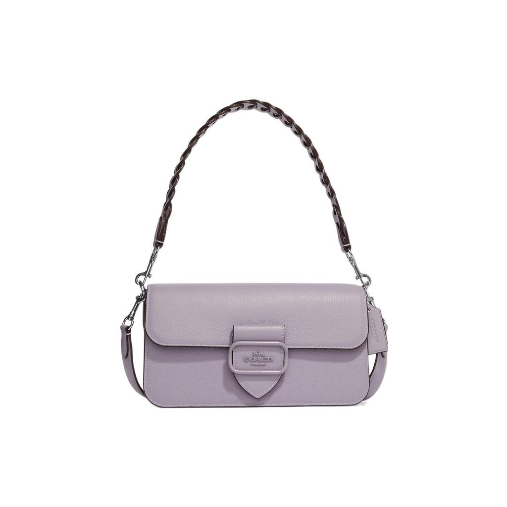 Coach Morgan 27 Solid Color Logo Woven Strap Pebbled Flap Snap Leather Baguette Handbag Women handbag Purple CJ619-SVM4